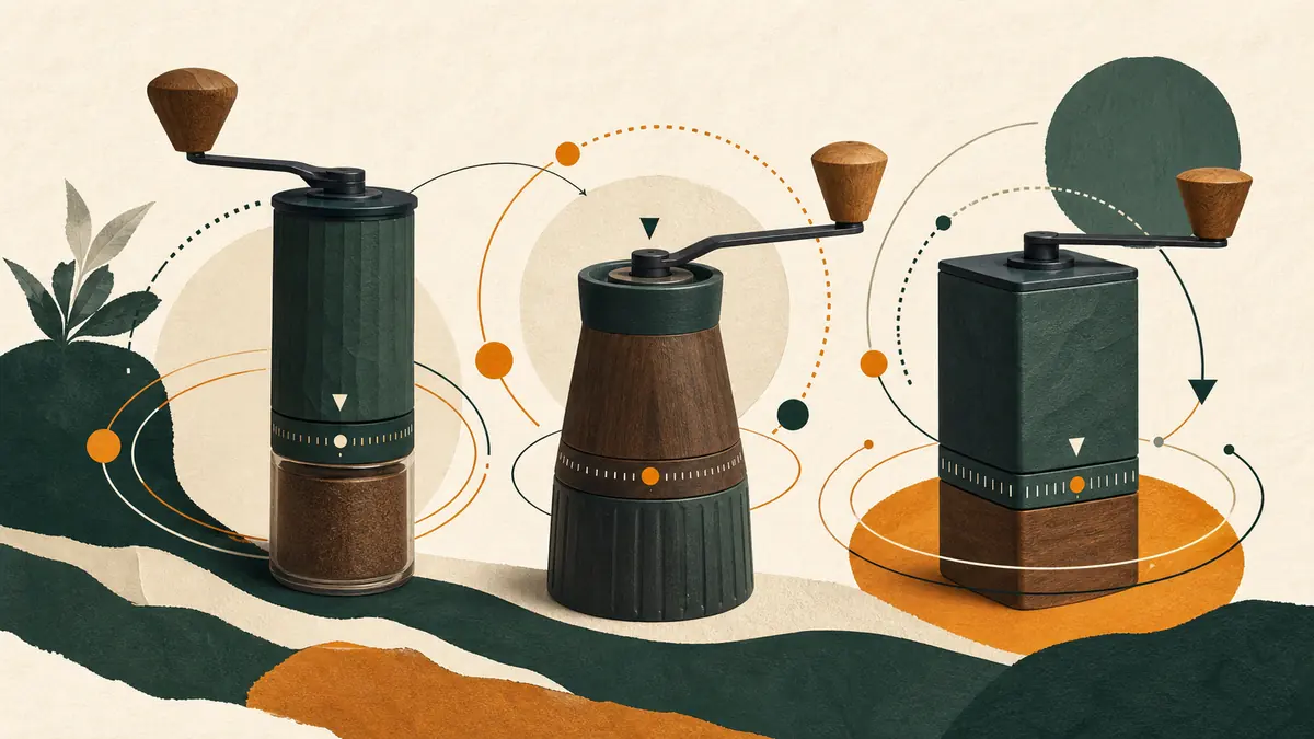 Tres molinillos manuales genéricos rodeados por anillos, puntos y flechas de calibración