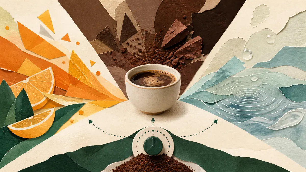 Taza de café entre zonas abstractas de cítricos, cacao oscuro y ondas de agua conectadas a un dial