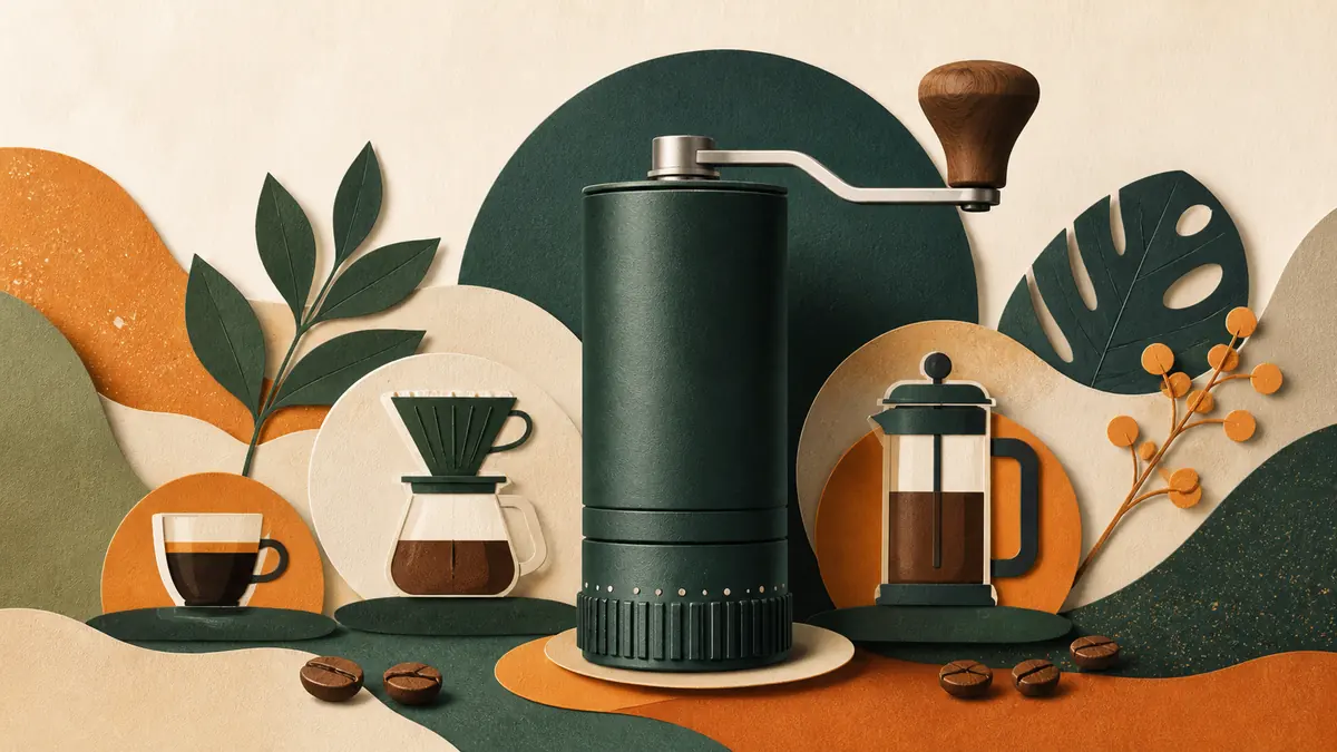 Molinillo manual cilíndrico genérico con dial de pasos rodeado por distintos métodos de café