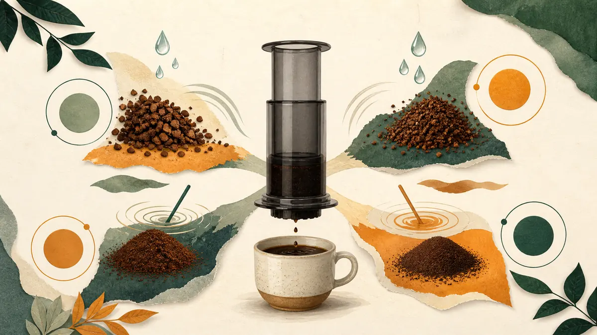 Prensa manual de café rodeada por cuatro combinaciones de molienda, agua y agitación