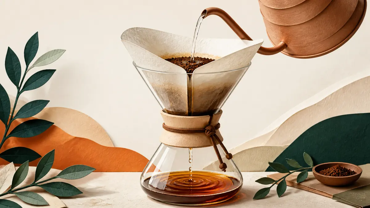 Vertido sobre una jarra de filtro con papel grueso plegado y café ámbar en la base