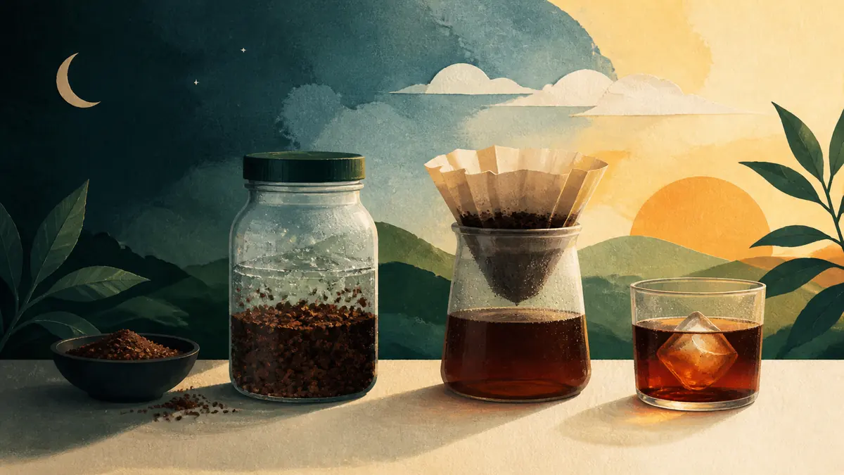 Secuencia de cold brew con café grueso en infusión, filtrado de papel y vaso con hielo