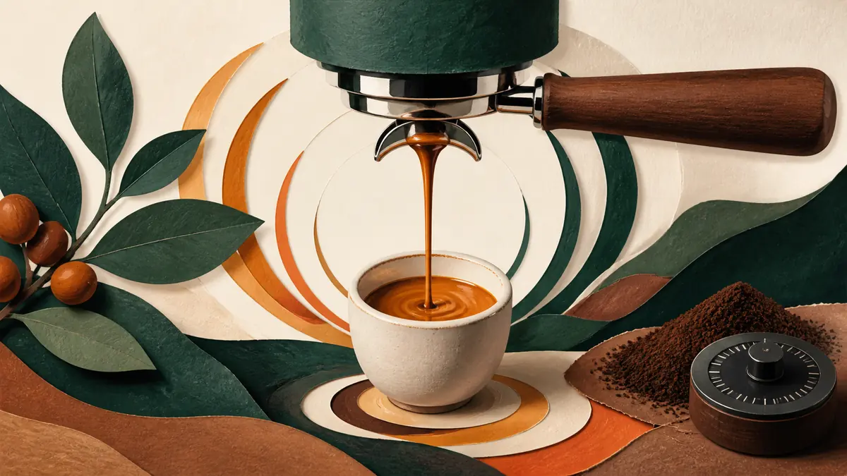 Flujo de espresso cayendo de un portafiltro a una taza junto a molienda fina y un selector