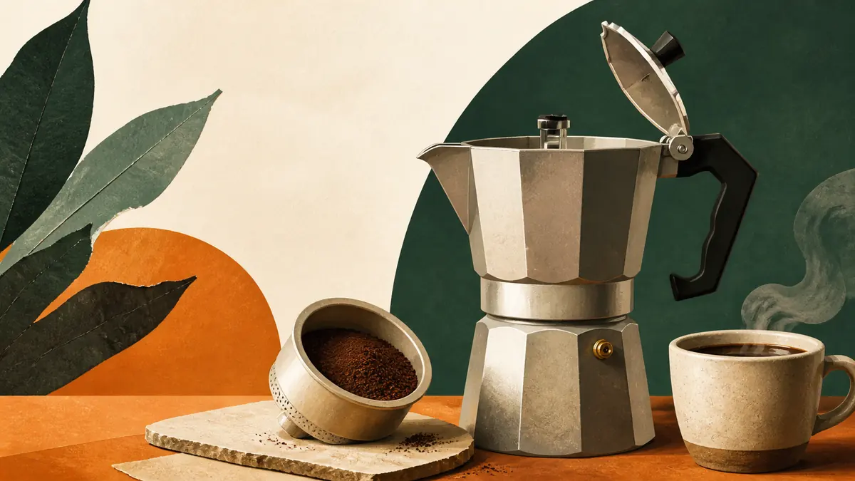 Cafetera moka abierta junto a su embudo con café molido y una taza humeante