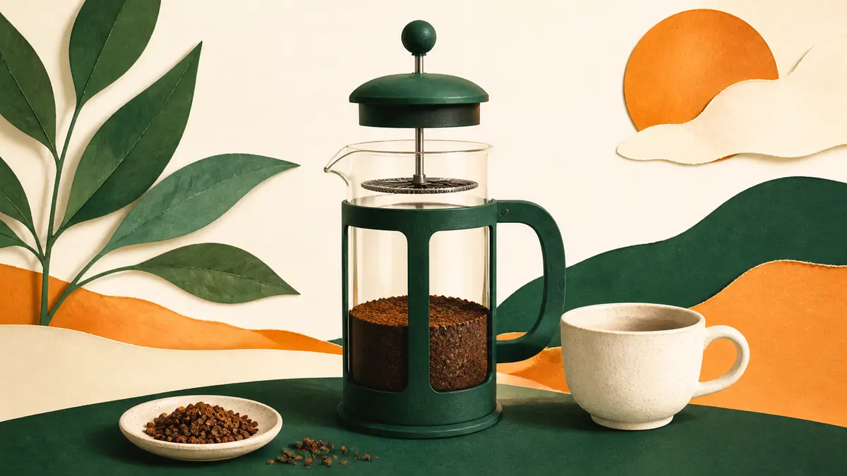 Prensa francesa con el émbolo elevado, café grueso uniforme y una taza de cerámica