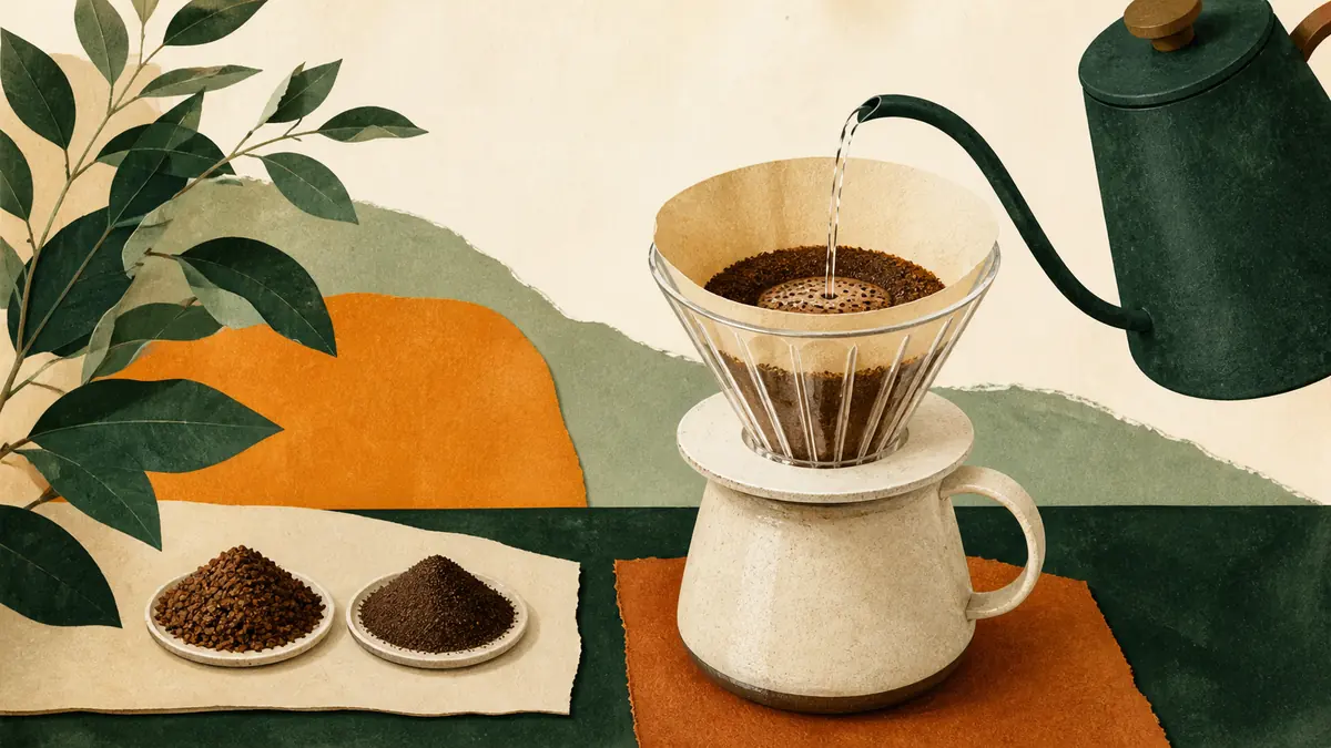 Vertido de agua sobre un filtro cónico con dos muestras de café molido de distinta textura