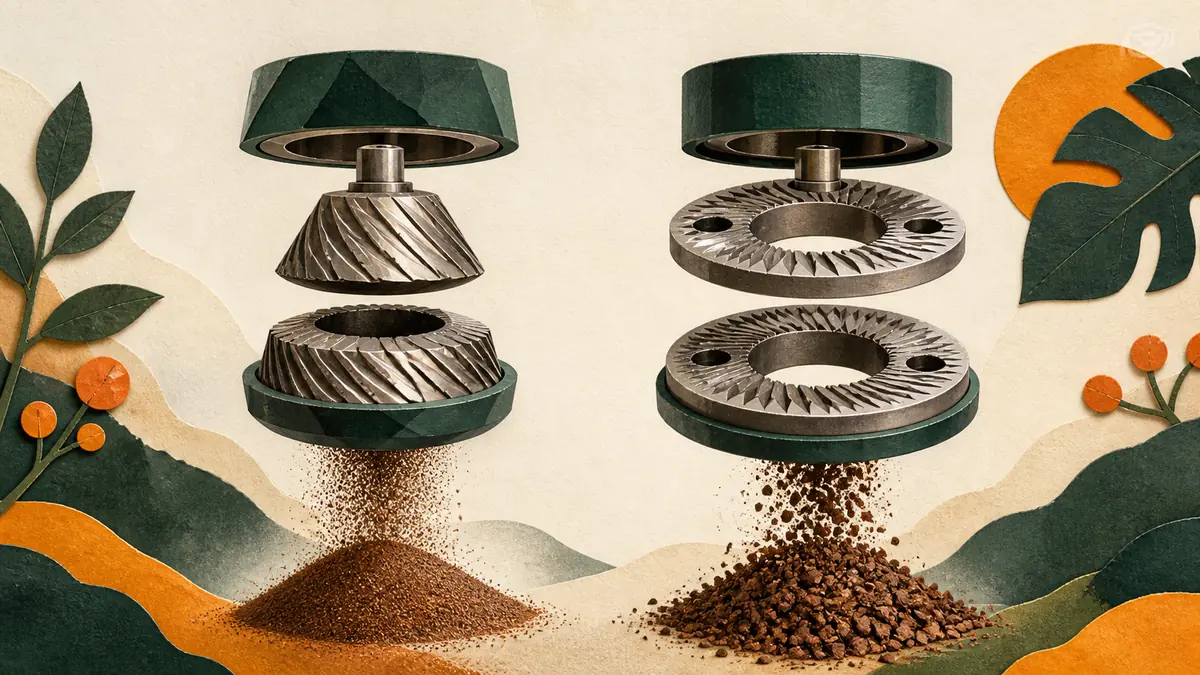 Comparación lateral de muelas cónicas y planas con partículas de café cayendo bajo cada mecanismo