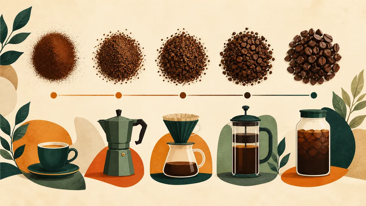 Secuencia de café molido desde textura muy fina hasta gruesa junto a varios métodos de preparación